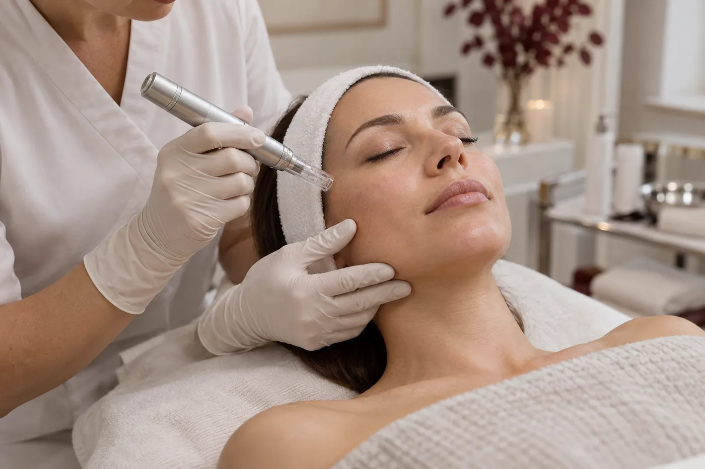 Izvajalka z rokavicami drži nastavek naprave za microneedling ob licu stranke.