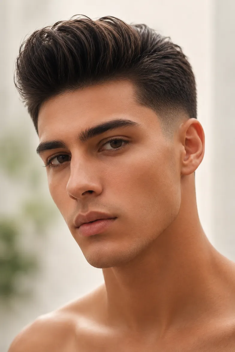 Pompadour frizura: visok volumen na čelu počesan nazaj z gladko postriženimi stranmi