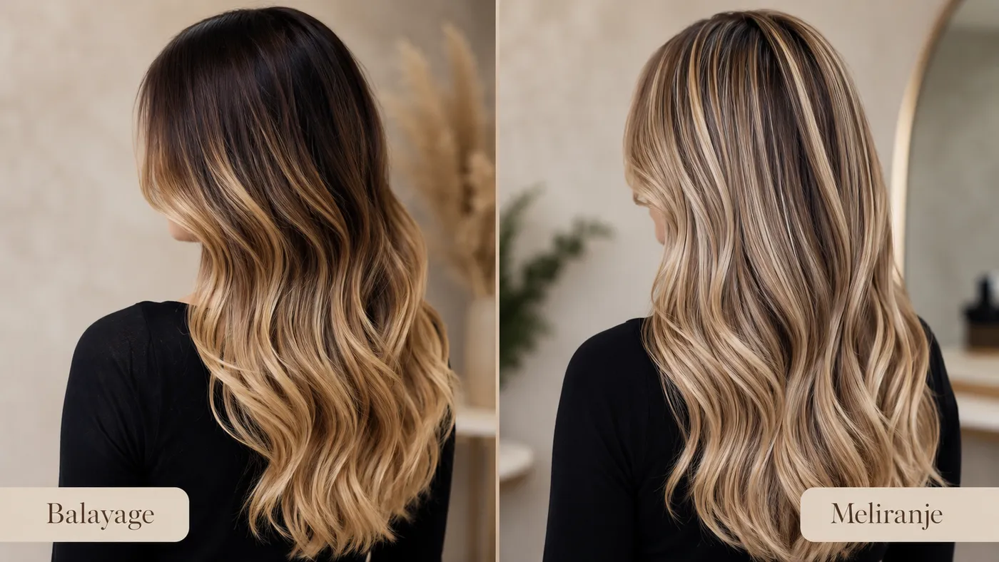 Primerjava balayage in meliranja na dolgih laseh: levo mehak, sončen prehod (balayage), desno izraziti enakomerni prameni (meliranje)