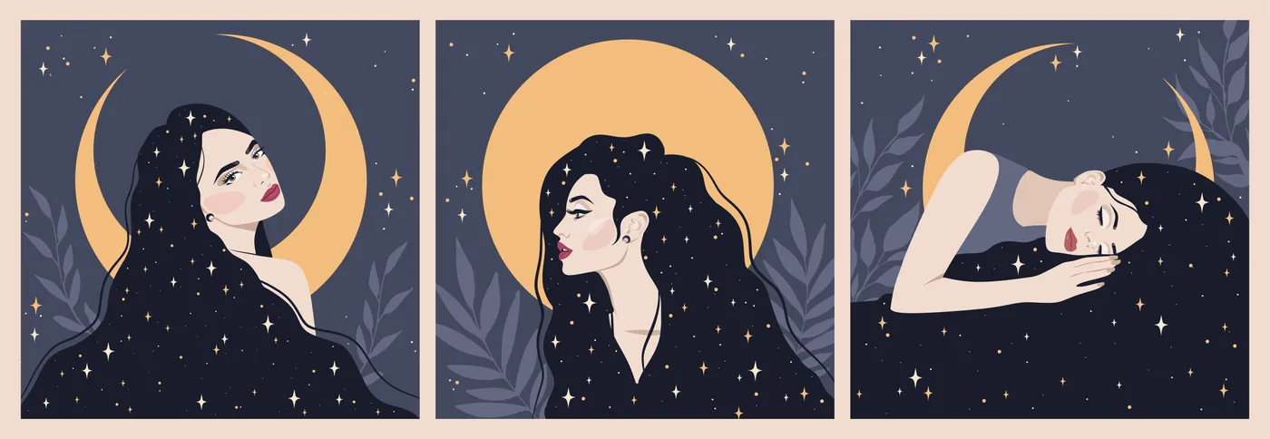 Ilustracija treh ženskih portretov z različnimi luninimi fazami v ozadju