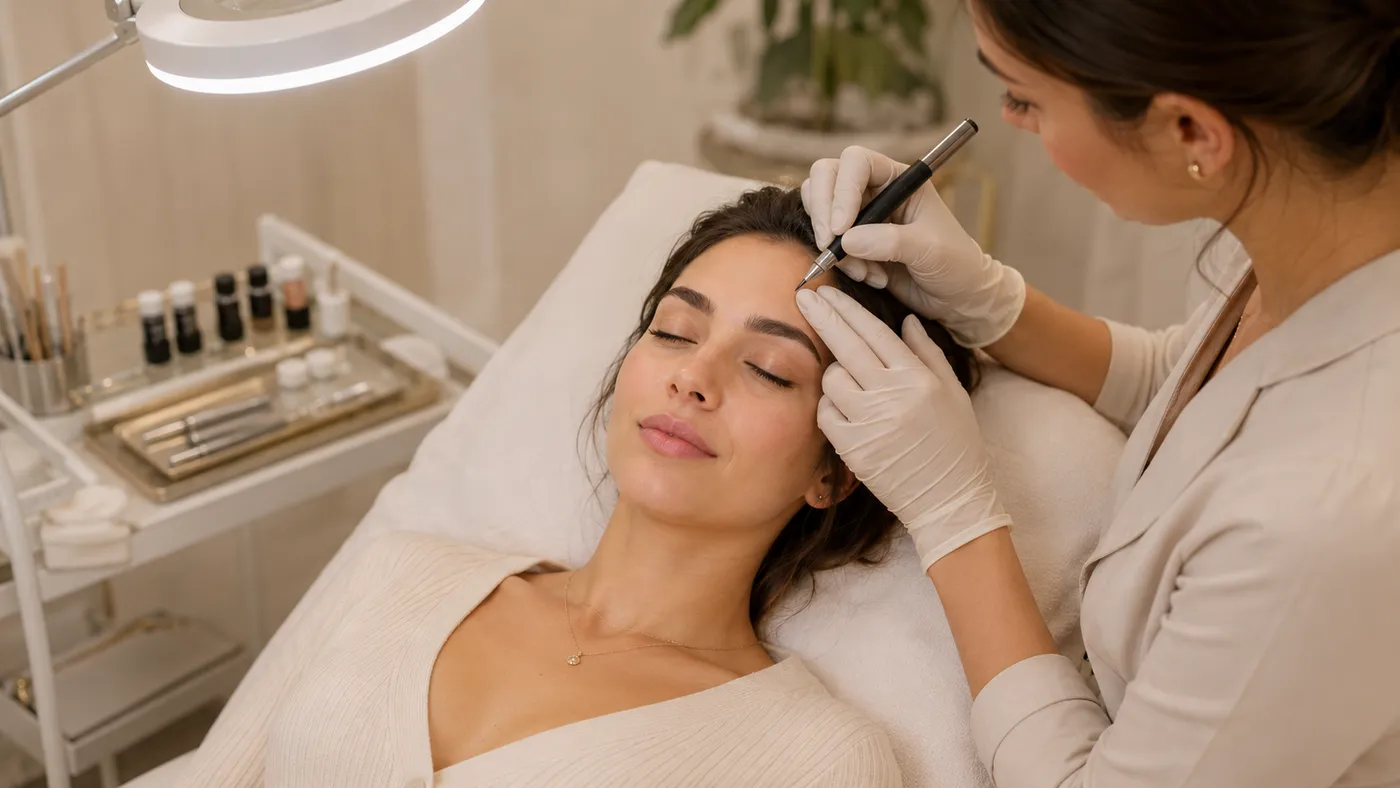 Kozmetičarka z ročnim instrumentom izvaja microblading obrvi stranki, ki leži na ležalniku