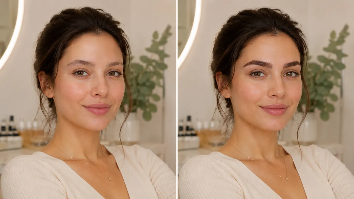 Microblading obrvi pred in po: levo redkejše naravne obrvi, desno polnejše in izrazitejše obrvi po posegu